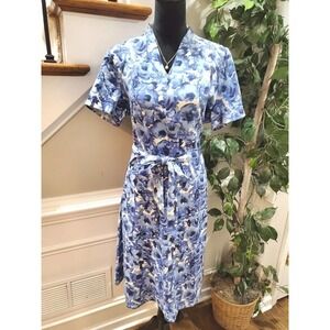 Orvis Women's Blue Floral Linen V-Neck Short Sleeve Knee Length Dress Size 14